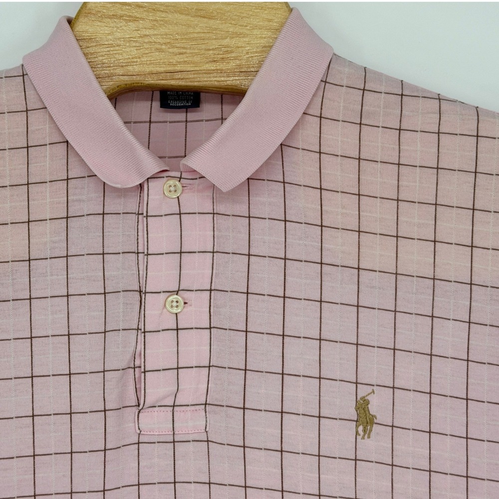 Vintage Polo Ralph Lauren Polo Shirt Men L Pink Glen Plaid Cotton Preppy Golf
